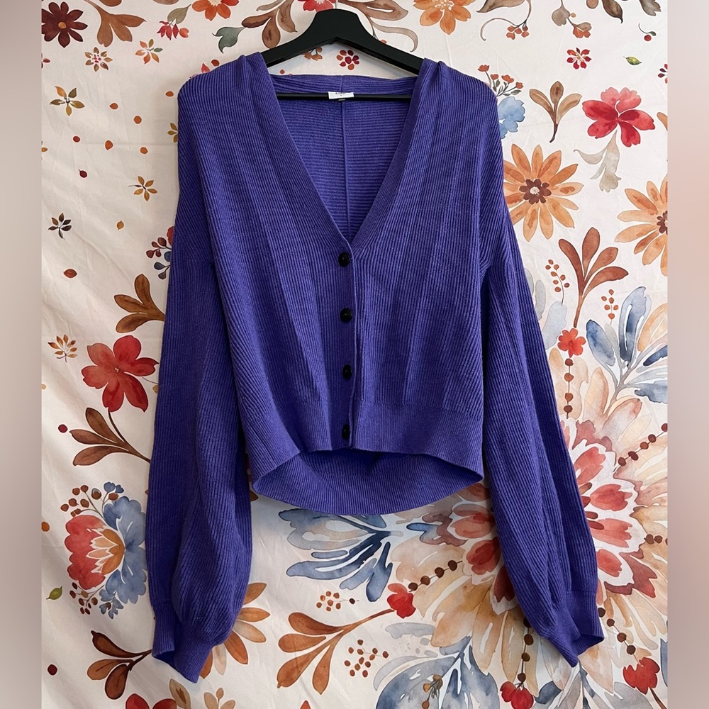 CAbi Womens S Dark Purple Ribbed Balloon Sleeve Button Preppy Casual Cardigan